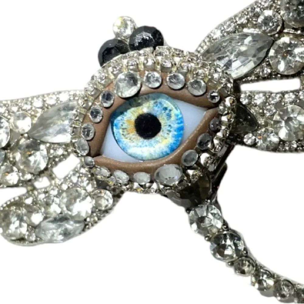 Dragonfly & Eye of Protection Brooch Pendant Handmade Glass Iris & Rhinestones